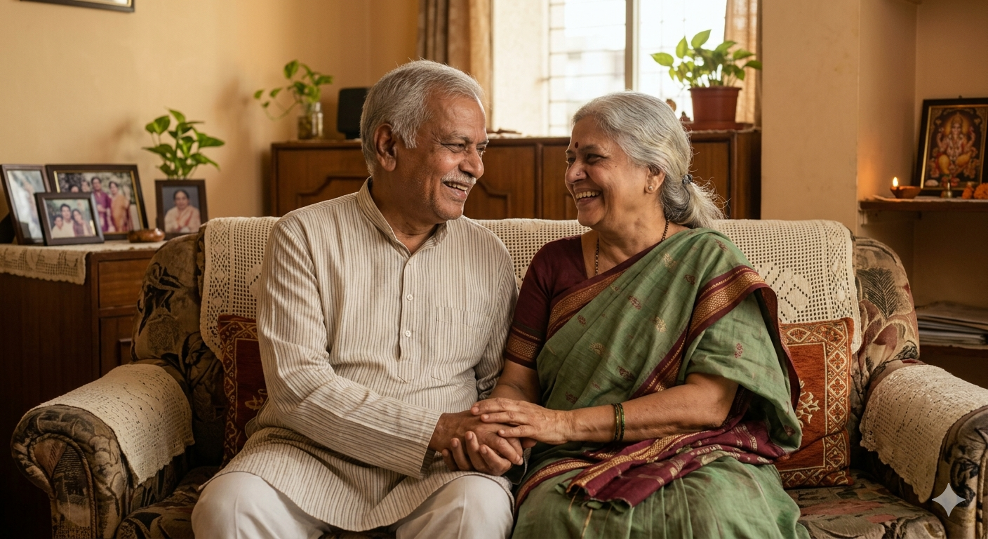 Elderly couple smiling at home